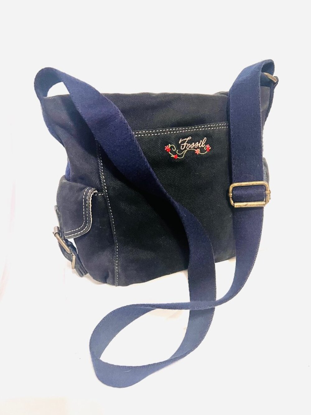 Fossil Y2K Black Canvas Distinct Embroidered Floral Logo Crossbody/Shoulder Bag